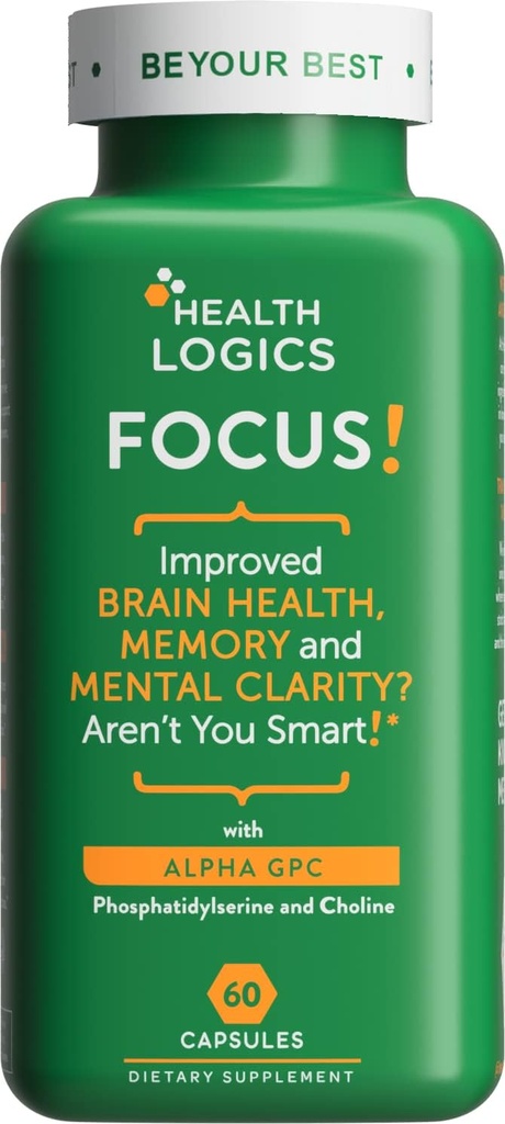 Logica de sănătate Focus! - Suplimentul creier pentru memorie, Claritate, Concentrarea cu Choline, Ginkgo Biloba, Alpha GPC, Fosfatidilserină, Bacopa Monnieri l 60 Capsule l Non-GMO
