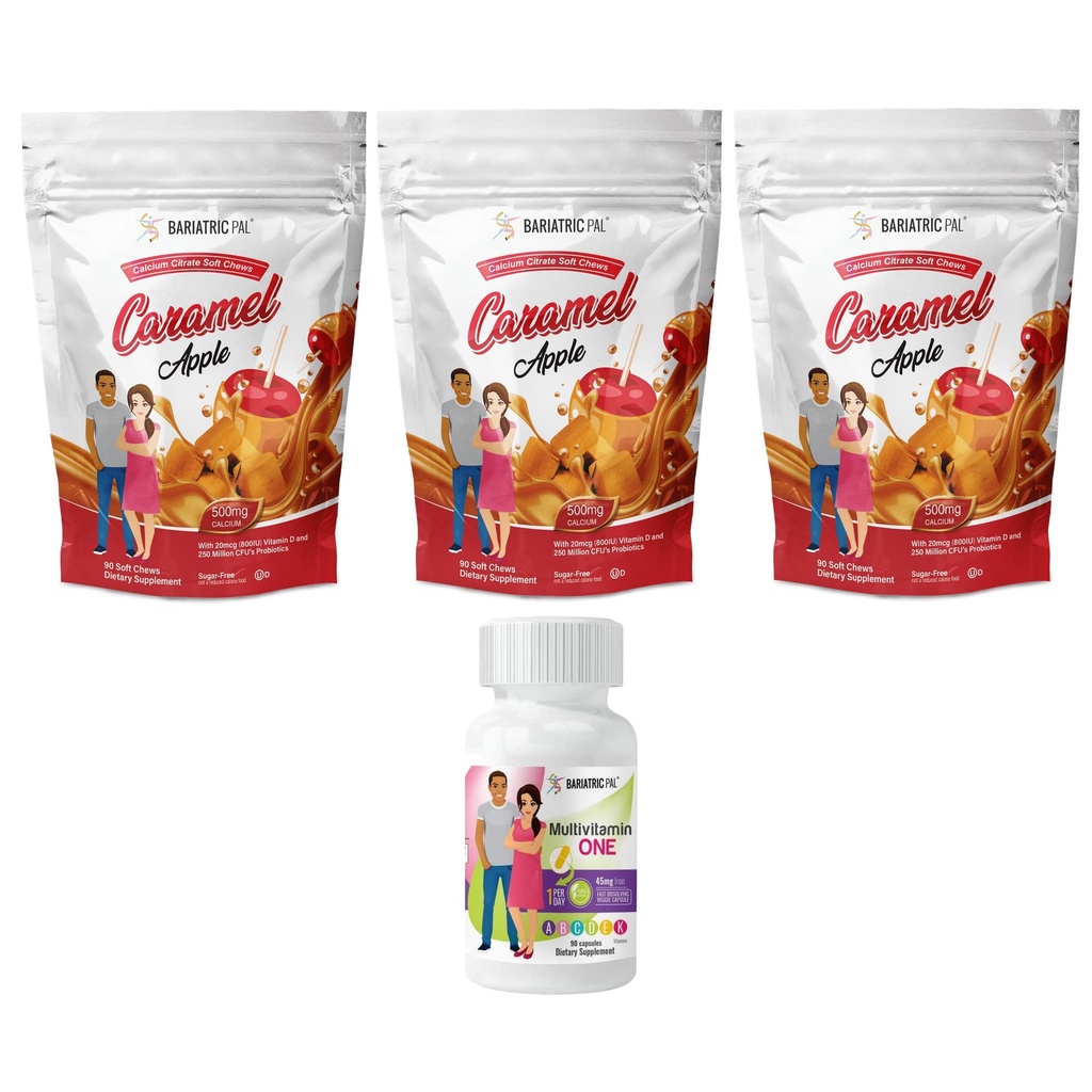 BariatricPal 90-Day Bariatric Vitamina Bundle (Multivitamine ONE 1 pe zi! Capsule cu 45mg Citrat de fier și calciu Chews Soft 500mg cu Probiotice - Caramel Apple)