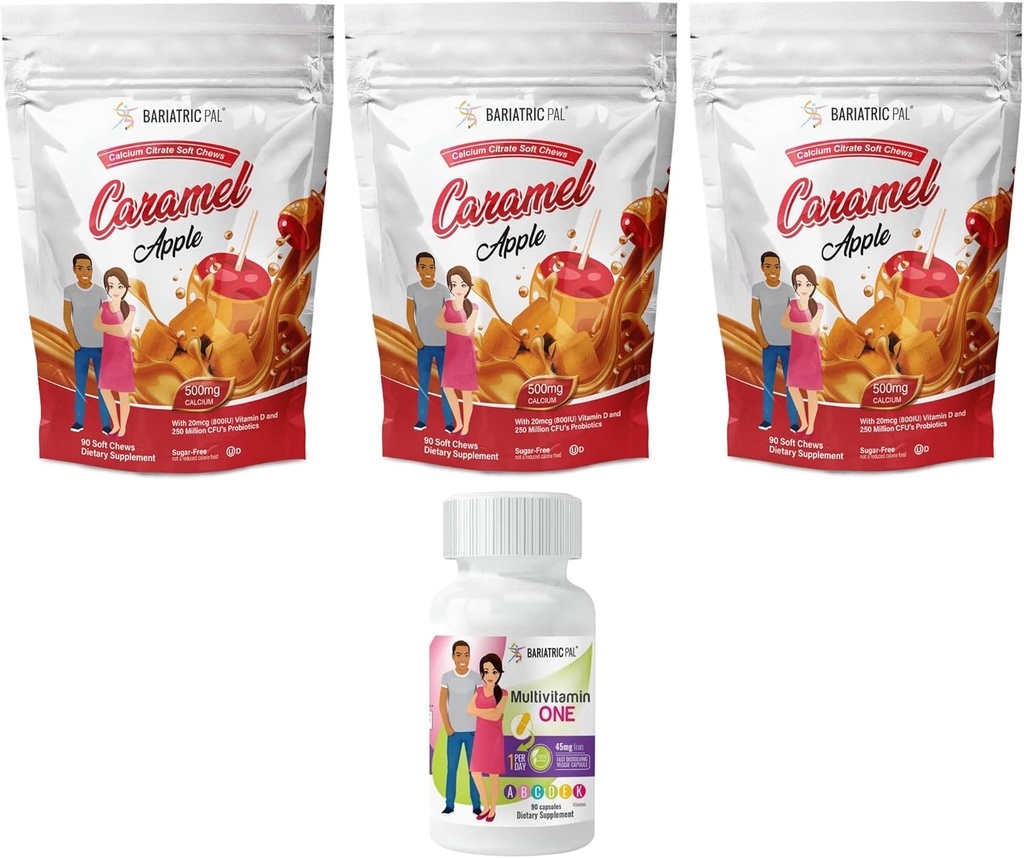 BariatricPal 90-Day Bariatric Vitamina Bundle (Multivitamine ONE 1 pe zi! Capsule cu 45mg Citrat de fier și calciu Chews Soft 500mg cu Probiotice - Caramel Apple)