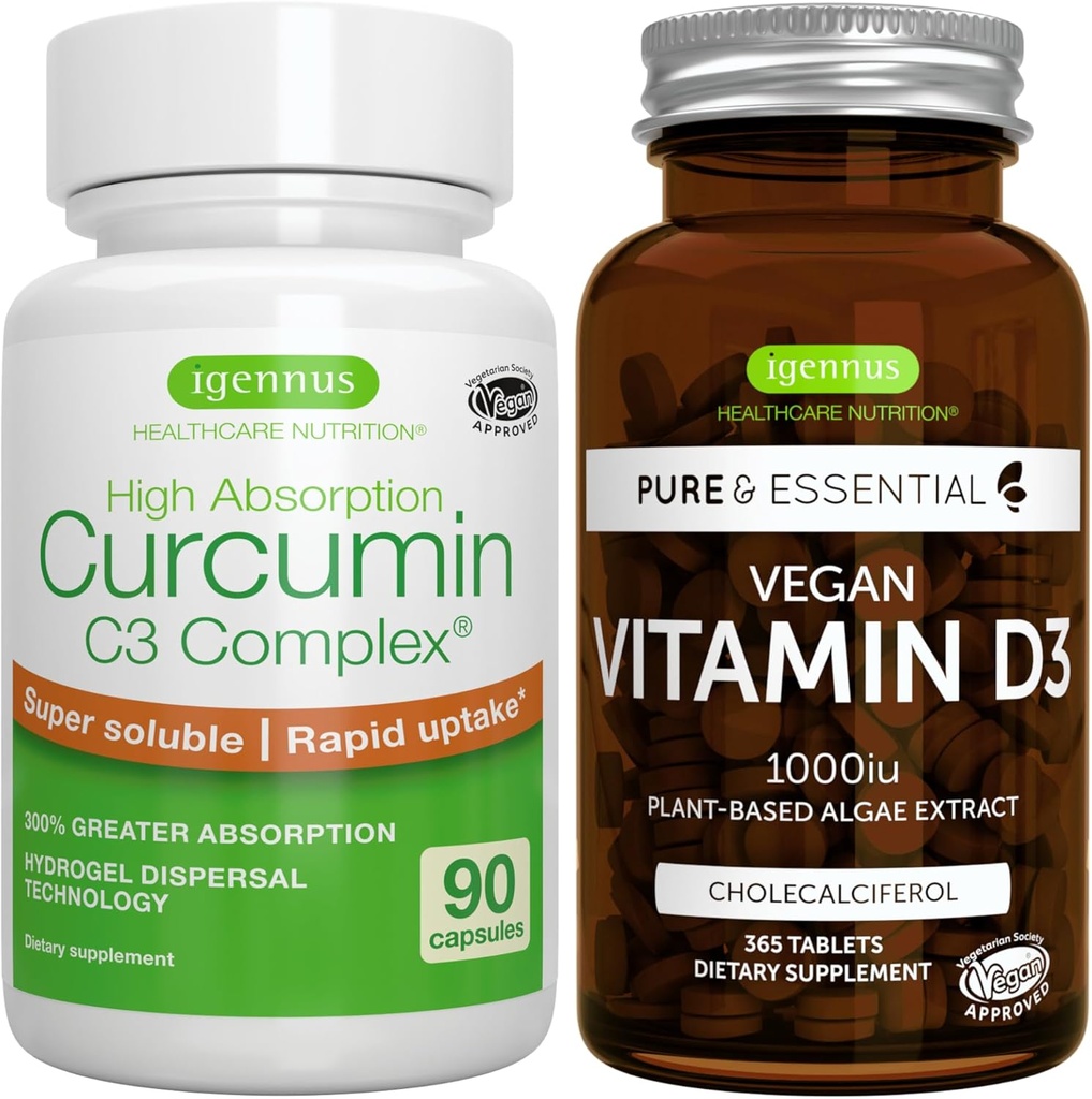 Vegan Vitamin D3 + High Absorption Curcumin C3 Complex, Vegan Bundle, 365 1000iu Vitamin D3 Tablets + 300% Greater Absorption Curcuminoids with Rapid Uptake, by Igennus