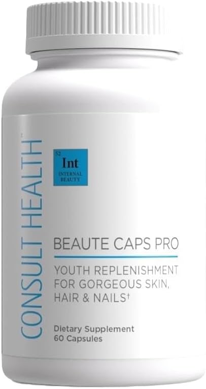 Consult Health Beaute Caps Pro - Sustine cresterea parului, Skin & Nail Health - Colagen, Vitamine B6, B7,B12, D & 10500 mcg Biotin - MSM, sange Orange - Anti-Aging - SUA Made - Femei si barbati 60 Capsule