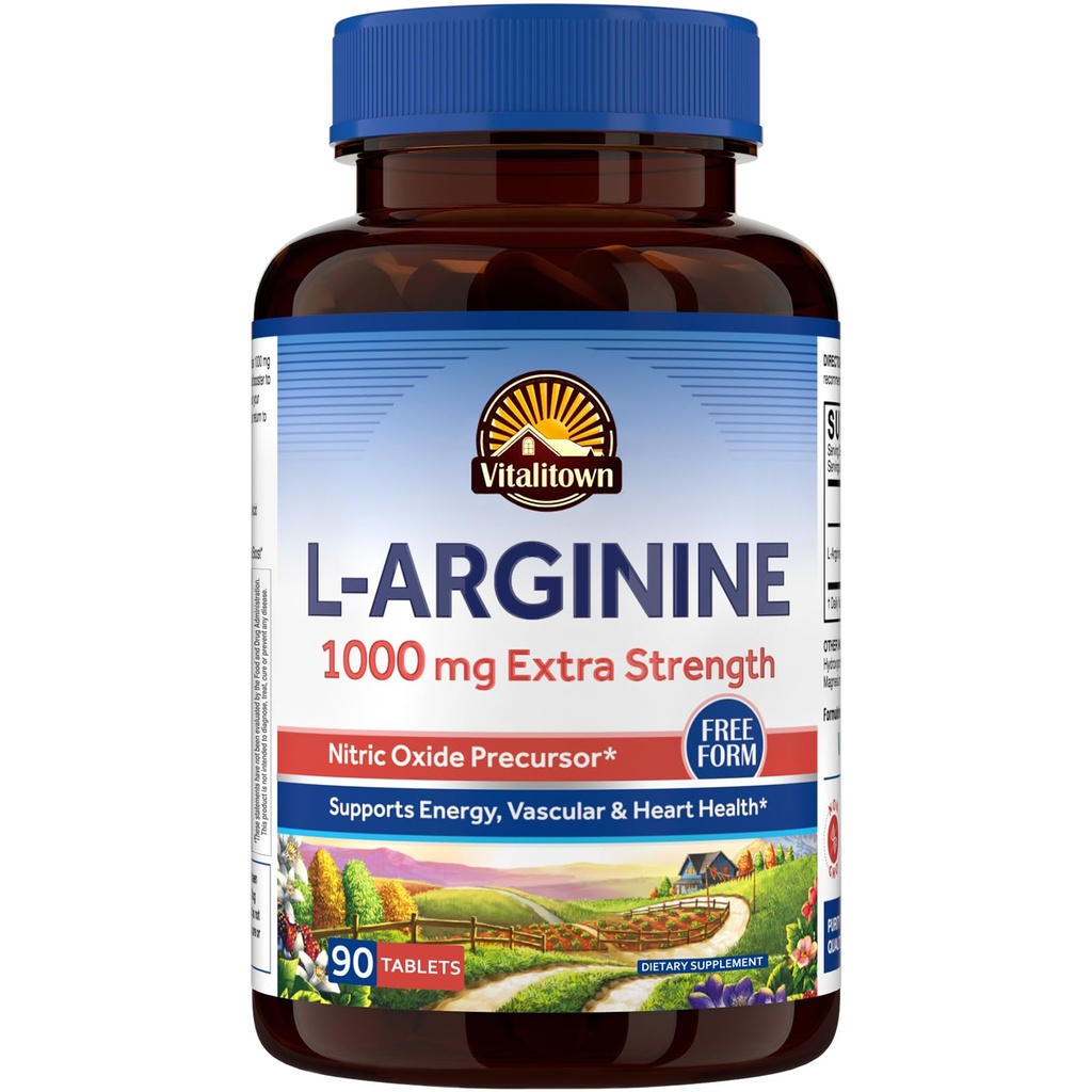 Vitalitown L-Arginină pentru bărbați și femei, 1000 mg, suplimente de oxid de azot, fără gluten, non-GMO, rezistenta, antrenament, suport flux sanguin, 90 comprimate