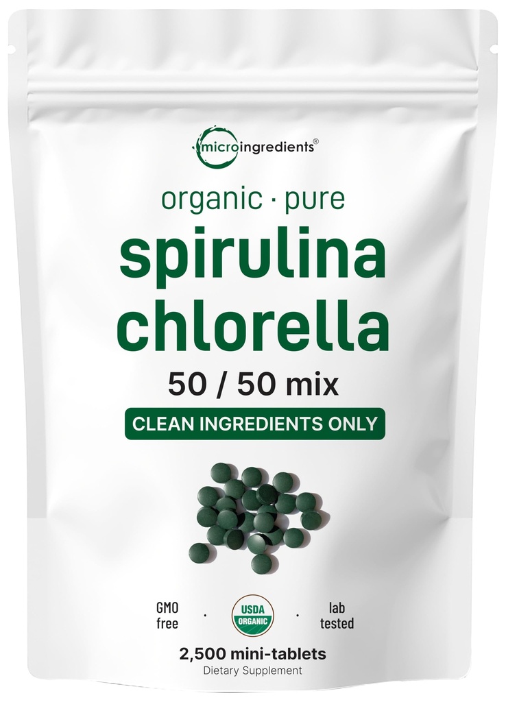 Micro Ingrediente Organic Spirulina Chlorella Mini Tablete, 2.500 comprimate (8 lună de aprovizionare)