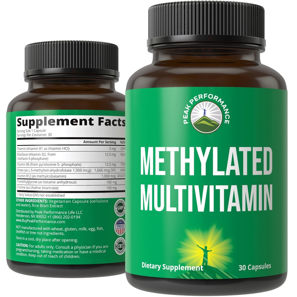 Multivitamine metilate + Supliment complex B metilat. Cu Trimetilglicină (TMG), L metilfolat, metil B12 + B1 + B2 + B6 Vitamine + colină. Suplimentul MTHFR pentru femei și bărbați. Capsule Vegan