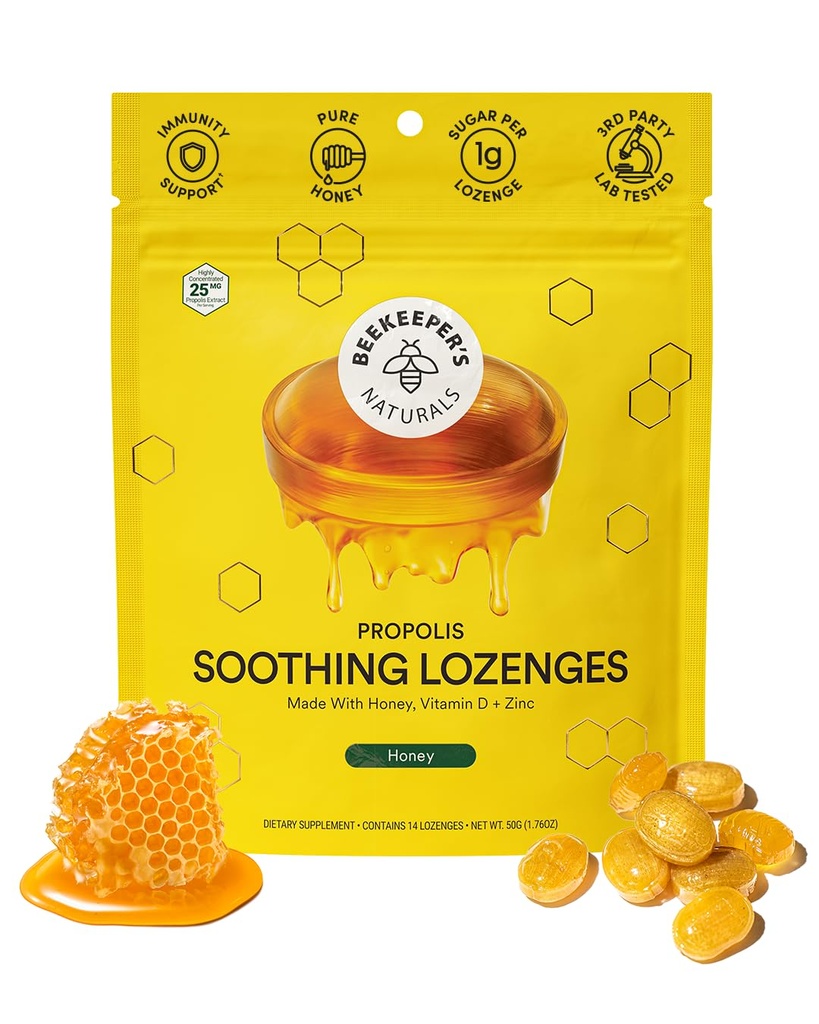 Drops de miere Soothing Cough - Suport imun cu vitamina D, zinc și propolis - de naturalele apicultorului - Ghroat Soothing Lozenges, 14 Ct