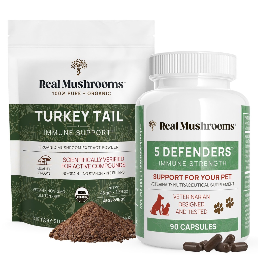 Ciuperci reale Turcia Tail Powder pentru oameni (45 Servings) și Turcia Coada pentru animale de companie (90ct) - Powder & Capsule Bundle pentru sprijin imun - Vegan, non-GMO, Grain-Free, Gluten-Free