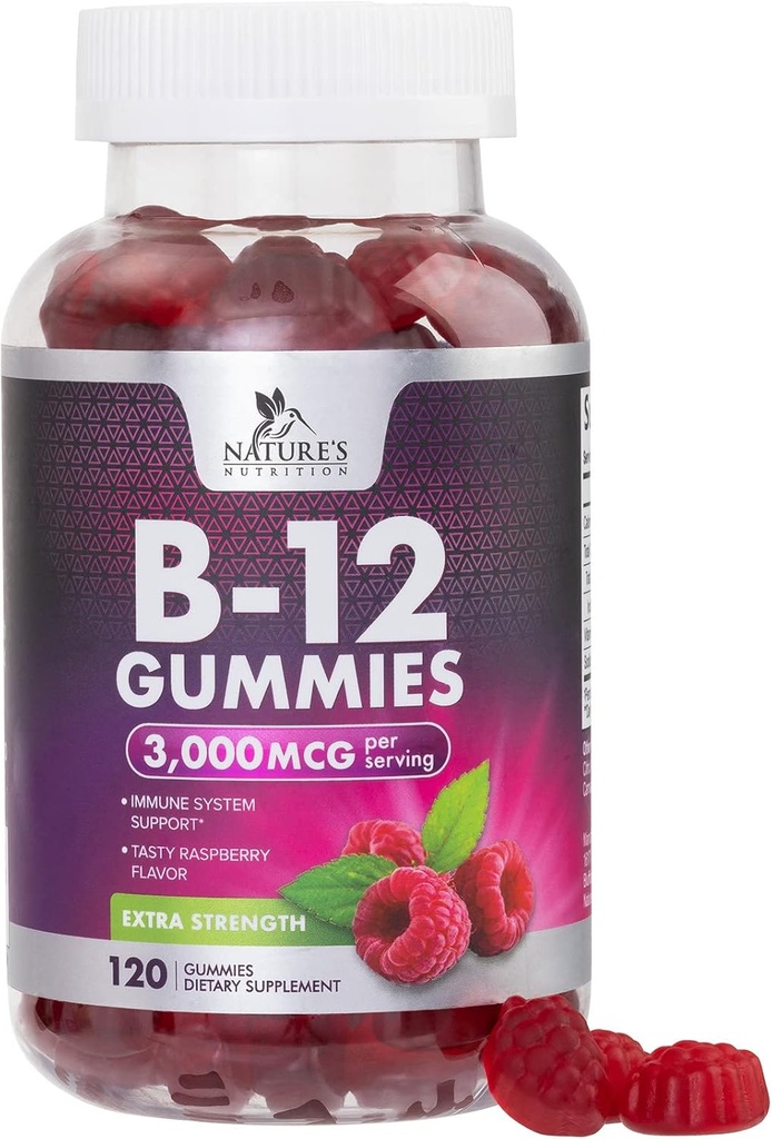 B12 Vitamine Energizant Gummie 3000 mcg - extra Putere B 12 Gummy pentru suport de sistem metabolic și imunitar - Chemable Dietary B12 Suplimente pentru adulți și copii Cafeina Gratuita Vitamina Gummy - 120 Gummie