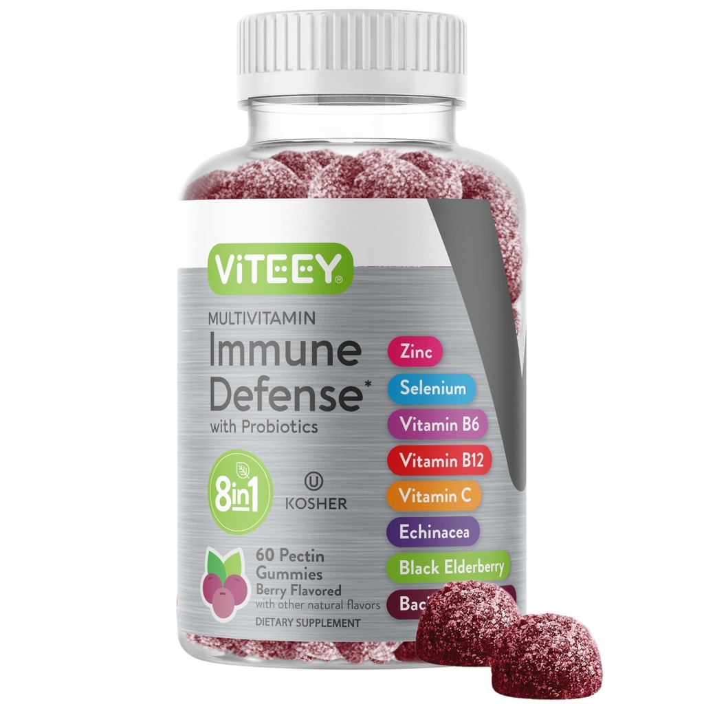 Viteey Multivitamine Gummies 8 din 1 Suport Immunum Supliment cu Probiotice - Boostere imune pentru adulți și adolescenți - Vegetarian, Gelatină Gratuit, OMG gratuit - Chewable Berry Flavored Pectin Immune Defense