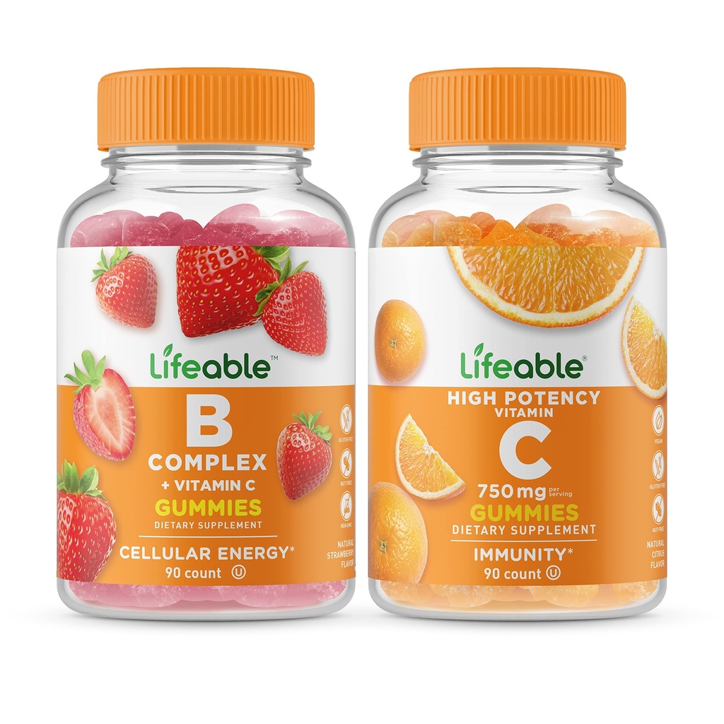 Complex de viață B + vitamina C 750mg, Gummie Bundle - mare Tasting, Supliment de vitamine, gluten gratuit, OMG-uri gratuit, masticabil