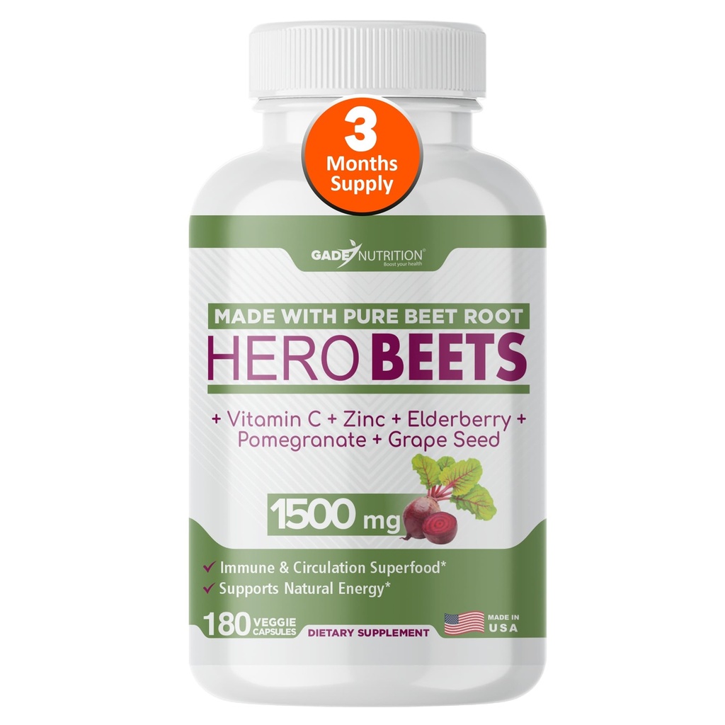 Gade Nutrition Hero Beets - capsule rădăcină de sfeclă 1500mg - organică Root Powder + vitamina C Zinc, Elderberry, rodie, extract de semințe de struguri - 3 luni de aprovizionare