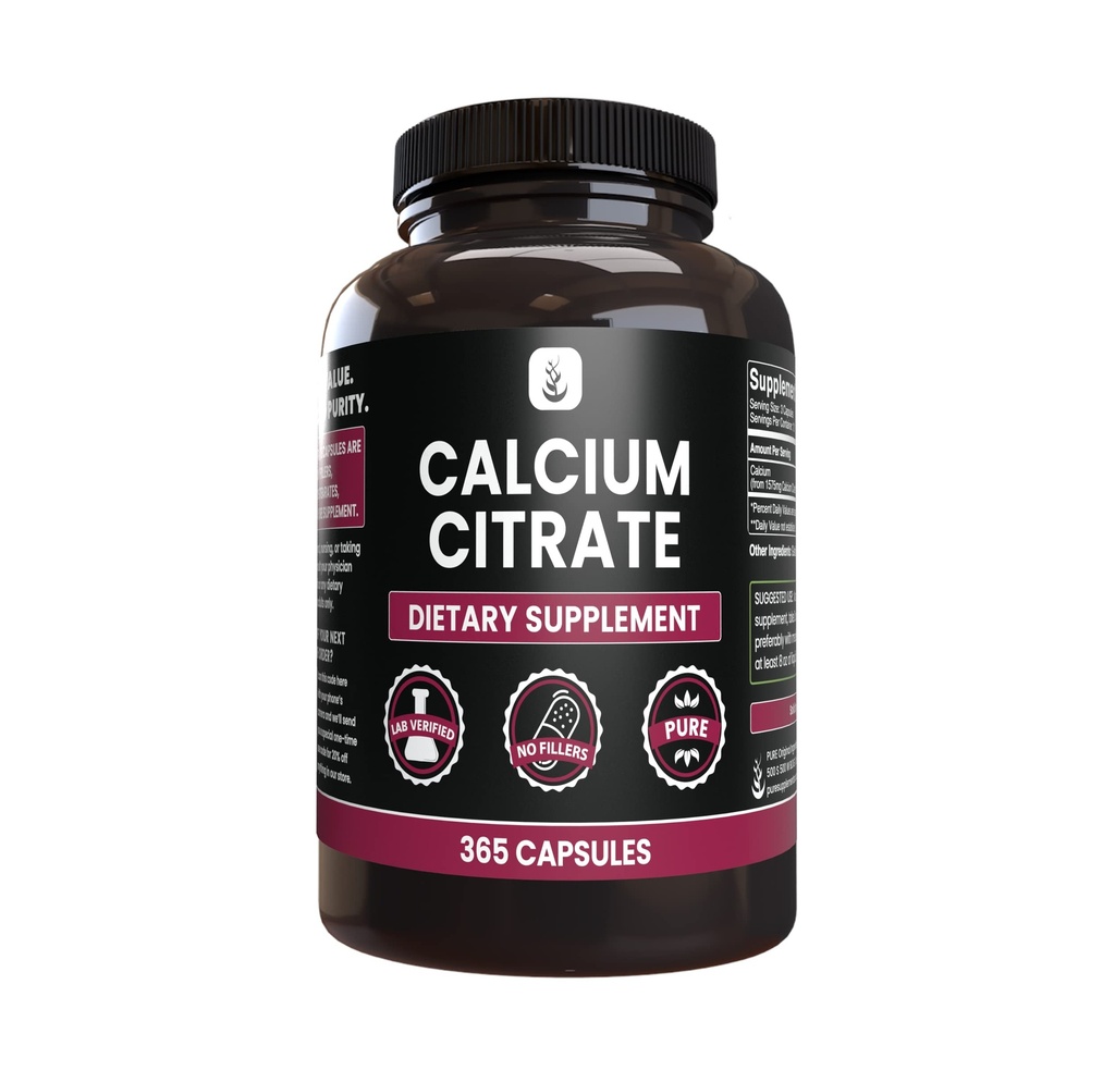 Ingrediente originale pure Citrat de calciu (365 capsule), fără magneziu sau umpluturi de orez, întotdeauna pur, Lab verificat