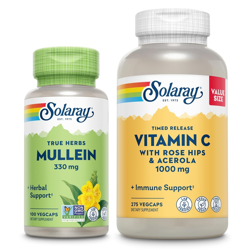 SOLARAY Vitamina C 1000mg și Mullein Leaf Wellness Bundle - Time Release Vitamina C Suplimentul și capsulele Mullein, utilizate în mod tradițional pentru suport Wellness - Vegan, 60-Day Guarantee, 275/100 VegCaps