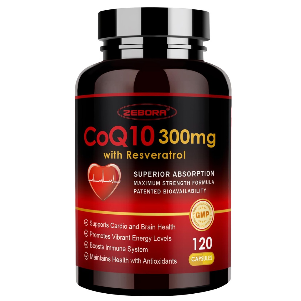 ZEBORA CoQ10-300 mg cu Trans-Resveratrol, PQQ & Vitamina E - Coenzimă de înaltă absorbţie-Q10 cu bioPerină - Antioxidant puternic pentru inimă şi producerea de energie,120 Capsule Veggie