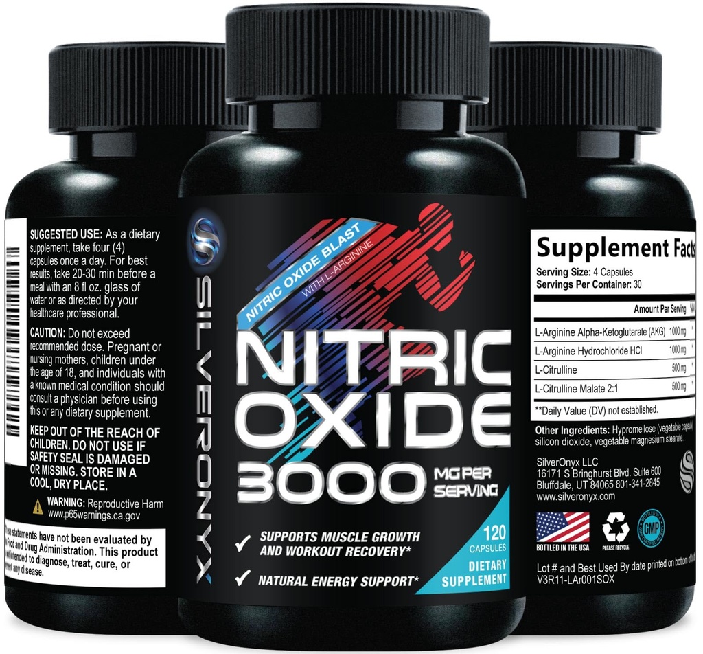 Extra Putere Oxid nitric Supliment 3X Concentratia L Arginina, Citrulina Malate, AAKG, Beta Alanina - Premium Musculare Suport Booster azotic - Natural Energy & Heart Health Support - 120 Capsule