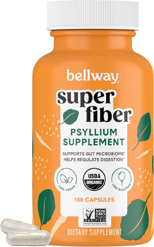 Capsule Bellway Super Fiber - USDA Capsule organice Psyllium Husk - Zilnic Psyllium Husk Fiber Supliment pentru Digestive Health and Regularity - Pe bază de plante, non-GMO, Kosher - 160 capsule