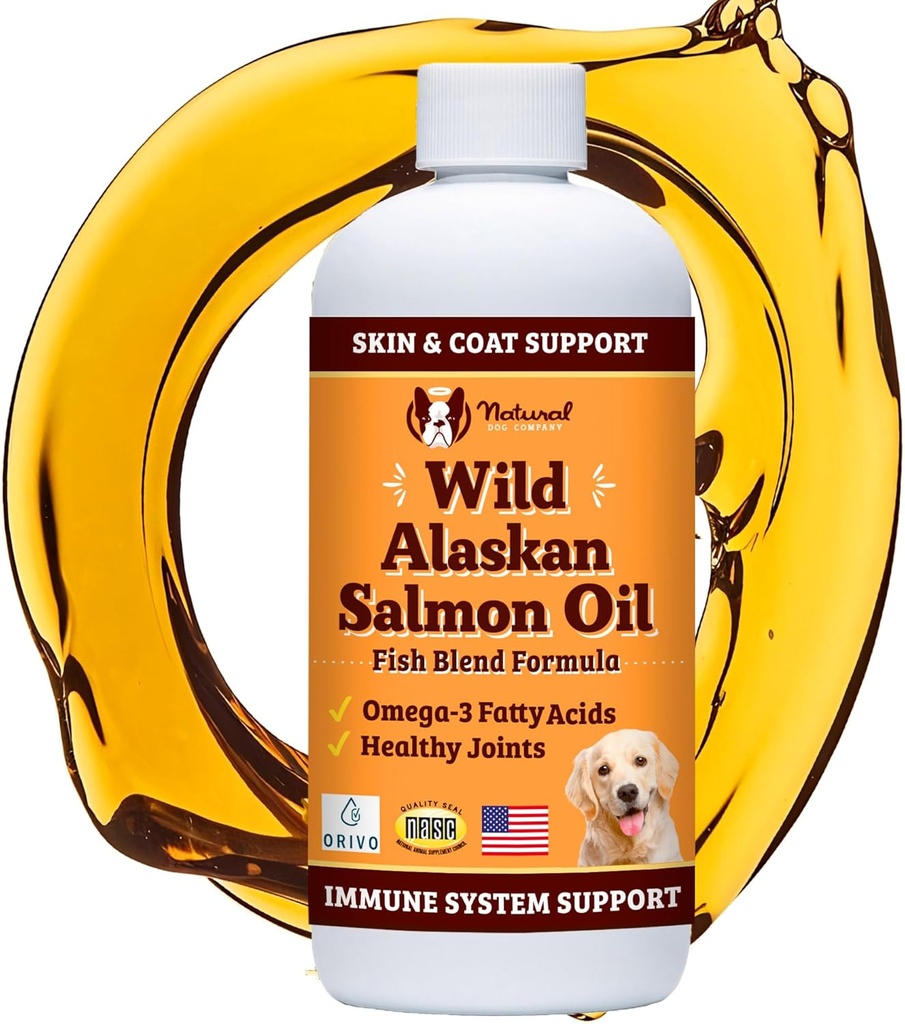 Natural Dog Company Wild Alaskan Salmon Oil Form with Omega 3, Fish Oil for Dogs Supplement, Skin & Coat Dog Oil, Itchy Relief, Immune Support for Joints & Heart, Food Topper, 8 oz.