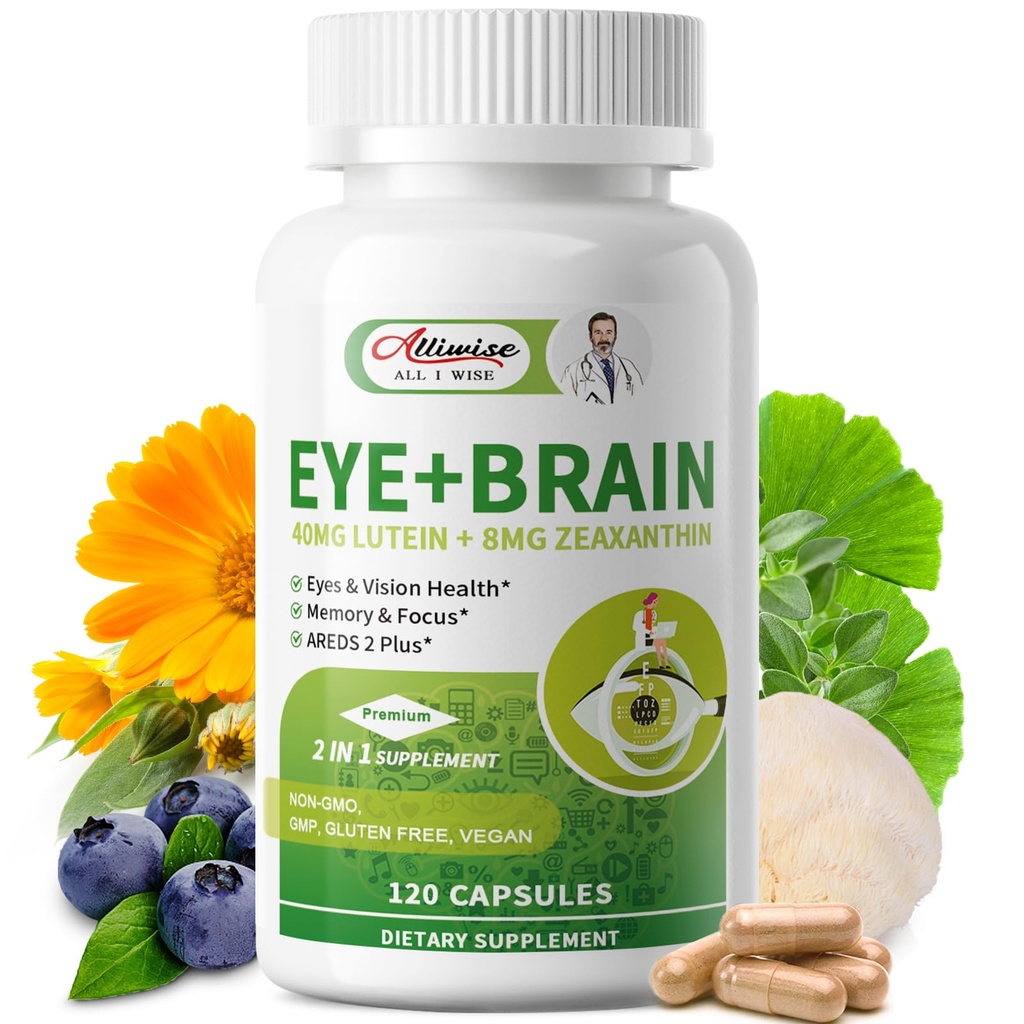 Ochi + Creier Suplimente pentru Memorie și Focus, Lutein 40mg, Zeaxantină, Astaxanthin, Bilberry, Leu, Coama Leului, Bacopa Monnieri, Ginkgo Biloba, 14 din 1 Vitamine Ochi pentru Adulți și Seniori 120 Capsule