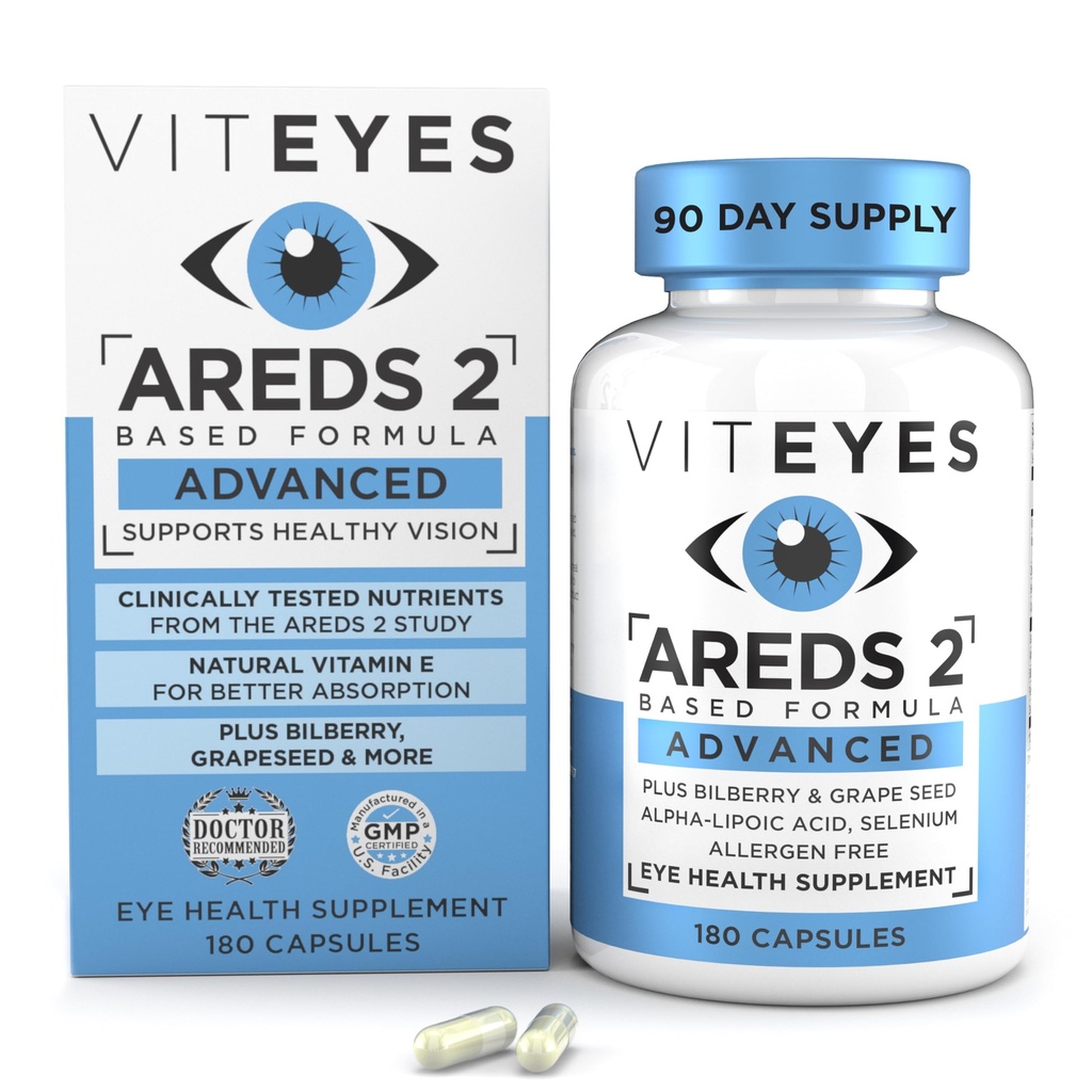 Viteyes AREDS 2 Vitamine oculare avansate, Suport macular cu bilberry, semințe de struguri, FLORAGLO Lutein, Seleniu, Vitamina Naturală E, Allergen gratuit, Viziune de protecție, Medic Ochi de încredere, 180 Conte