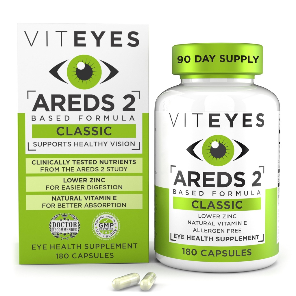 Viteyes AREDS 2 Vitamine oculare, suport macular clasic, capsule libere Allergen, cu vitamina naturala E, vitamina C, zinc, cupru, lutein & Zeaxantină, ochi medic de încredere, fabricate în Statele Unite ale Americii, 180 Ct