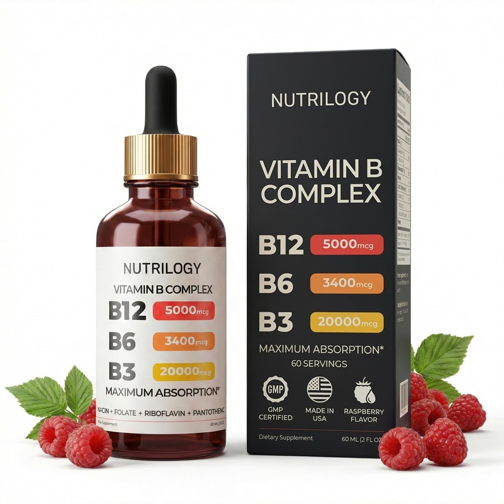 Complex de vitamina B pentru barbati si femei - Riboflavin B2, B3, B5, B6, B12 Suplimentul B-complex - Durere nervoasa, energie, Brain & Heart Support - Made in USA, 60 Serviri