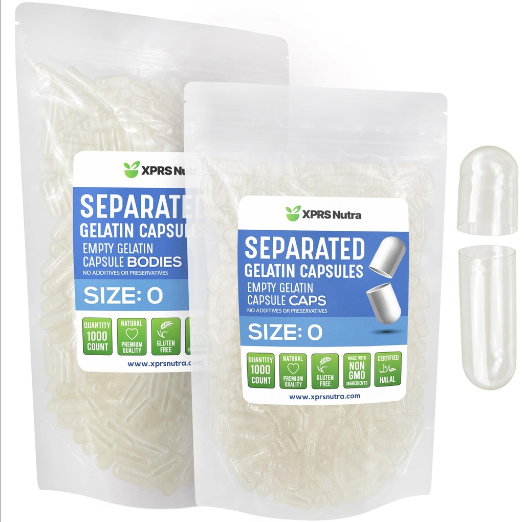 XPRS Nutra Gelatină Dimensiune 0 Capsule separate - 1000 capsule goale fără număr separate în pungi - Dimensiune 0 Capace Gel limpede Gel Gel Gel Gel Gel Gel pentru umplerea suplimentului DIY