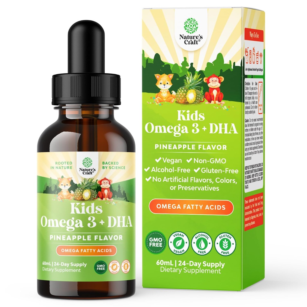 Copii DHA Omega 3 picături - acizi grasi Omega 3 6 9 pentru creier, Putere imună și viziune - DHA nutritional pentru copii pentru sistem nervos sănătos și focalizare suport - Supliment lichid cu EPA & ALA - 2 Fl Oz
