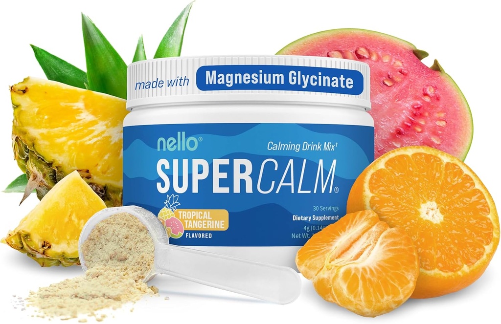 Nello Supercalm Powderd Drink Mix, Tropical Tangerine, L Theanine, Ksm-66 Ashwagandha, Magneziu Glicinat, Vitamina D 3, Suplimente pentru relaxare și concentrare, Natural, Fără zahăr, Non OMG, 30 Srvg