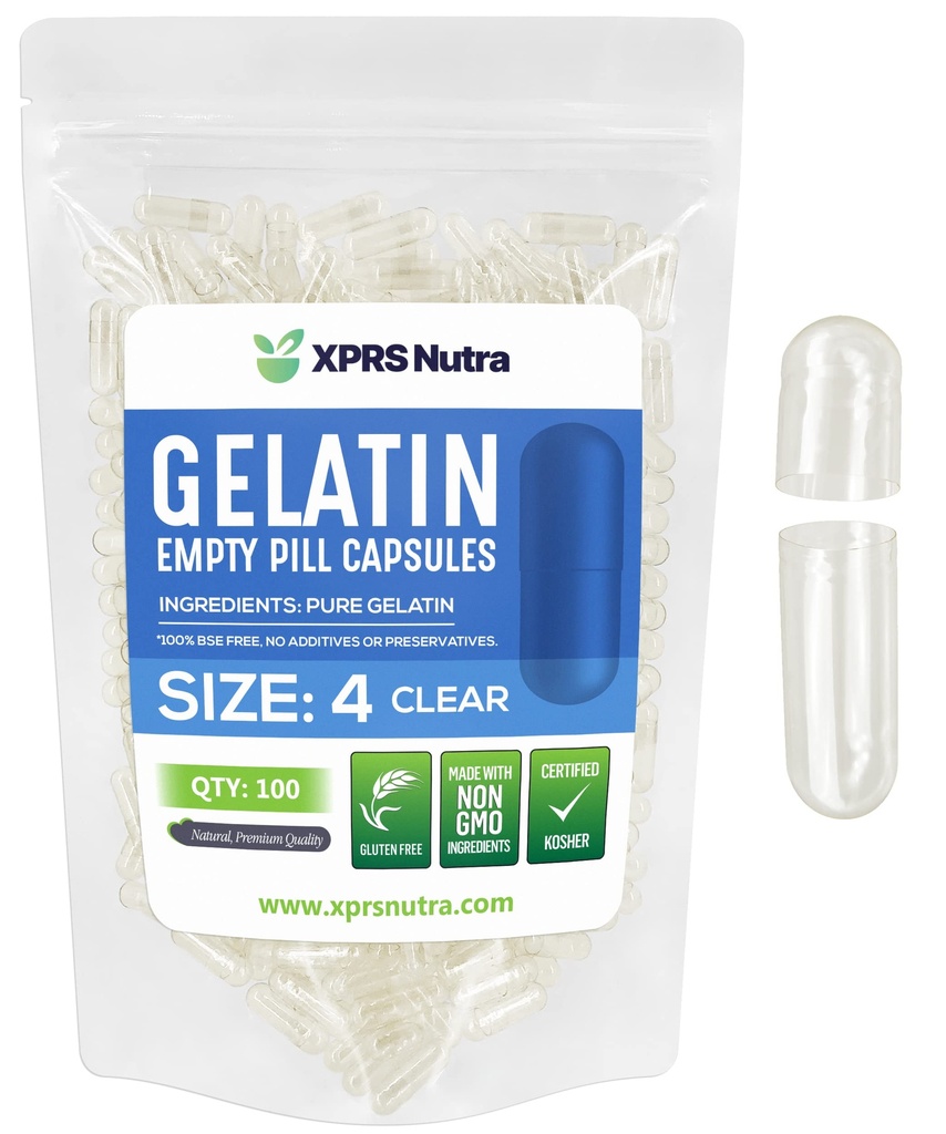 XPRS Nutra Dimensiune 4 Capsule goale - 100 Conte capsule gelatinoase mici și clare - Pastile capsule DIY Umplere - Capace de gel pur bovin comprimat pentru Do-Toit-Yourself Suplimente