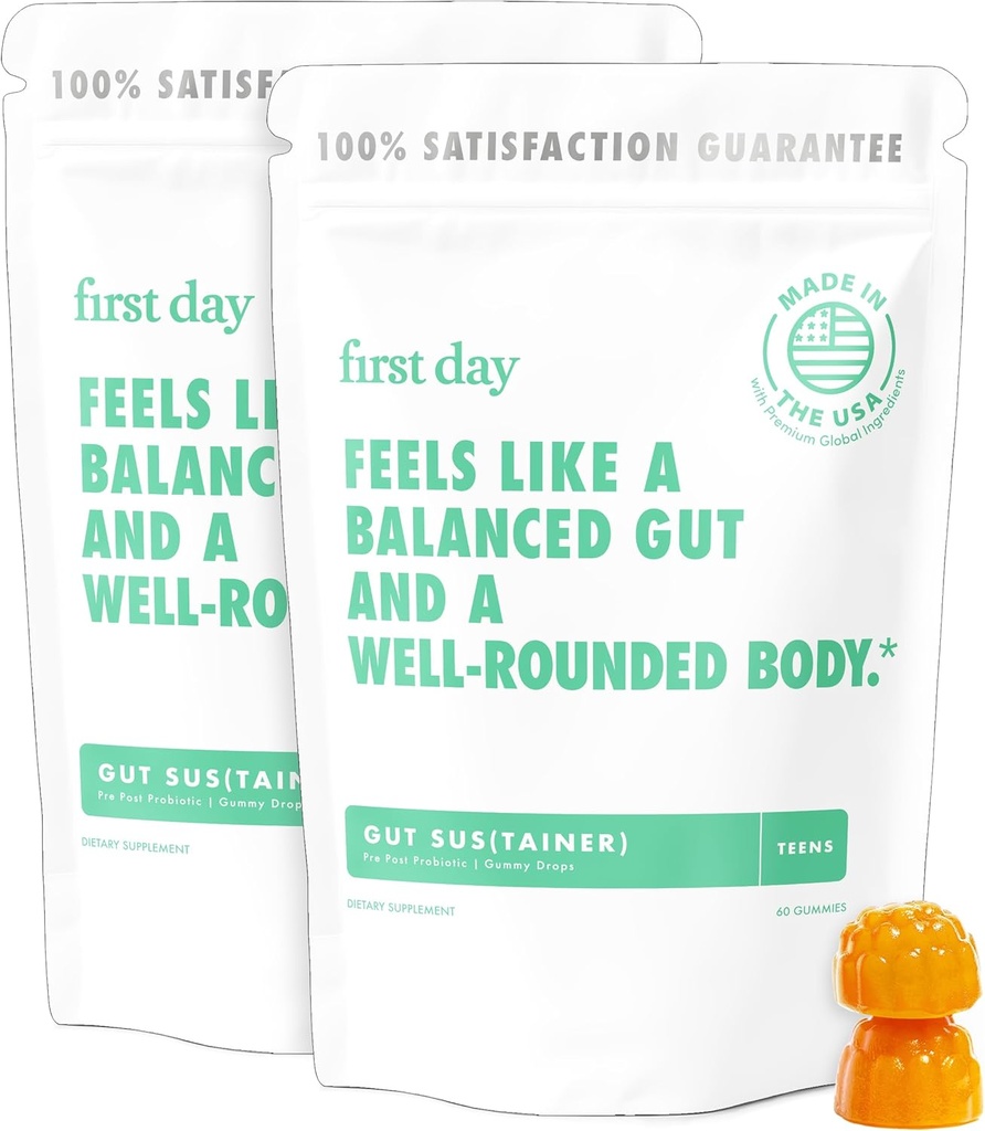 FIRST DAY Teens’ Gut Sustainer Tribiotic Gummies – 3-in-1 Prebiotic, Probiotic & Postbiotic Supplement – Supports Digestive, Skin, Oral & Immune Health, Nutrient Absorption & Growth – 60-Day Supply
