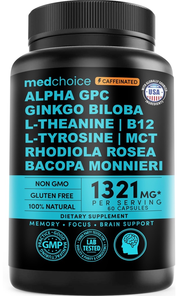12-in-1 Nootrop Creier Supliment cu Cafeina Anhidros: Ginkgo Biloba pentru suport cerebral, Memorie și Focus - B12, Alpha GPC, L Theanine și Suplimente Choline cu Bioperina cu 1321 mg (60ct)