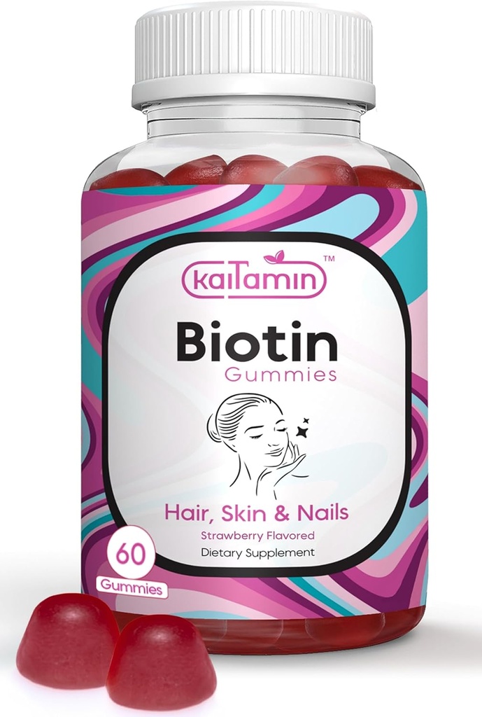 Biotin Vitamina B7 Gume pentru parul pielii si unghiilor - 5000 mcg per servire - cu Elderberry si ulei de nuca de cocos, 60 gume aroma de capsuni - toate naturale, gluten-gratuit si vegetarian (Pachet de 1)