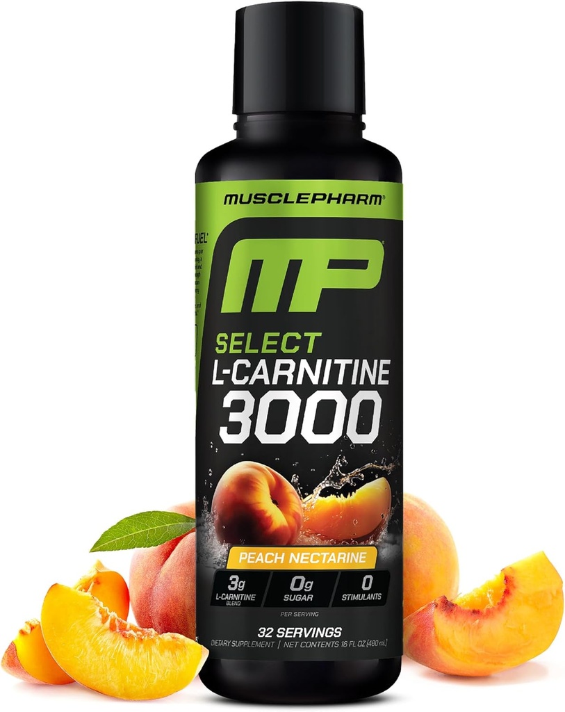 Muscle Pharm L-Carnitine 3000, The Ultimate Liquid L Carnitine Supplement for High-Performance, Supports Metabolism, Hydration & Energy, Zero Sugar, Low Calories, Peach Nectarine Flavor, 32 Servings