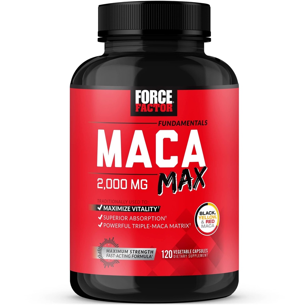 Force Factor Maca Max, capsule rădăcină Maca pentru a maximiza Vitalitity & Performance, Made with Black Maca, Red Maca, & Yellow Maca Powder, Maca Root Powder, 2000mg, 120 capsule