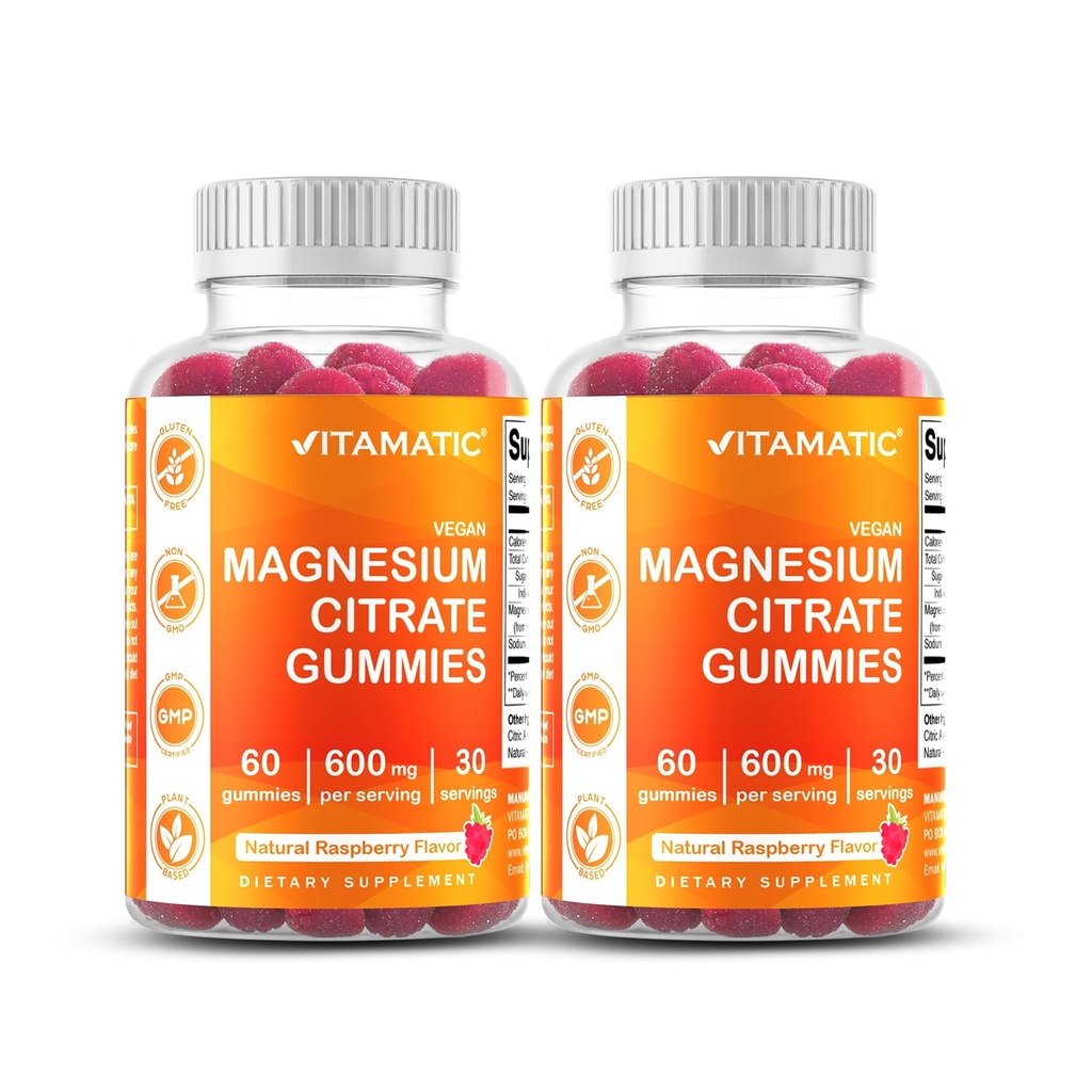 Citrice vitamatic de magneziu Gumies 600 mg per Servire - 60 Conte - Promovează relaxare sănătoasă, musculare, osoase, și suport energetic (Pachet de 2)
