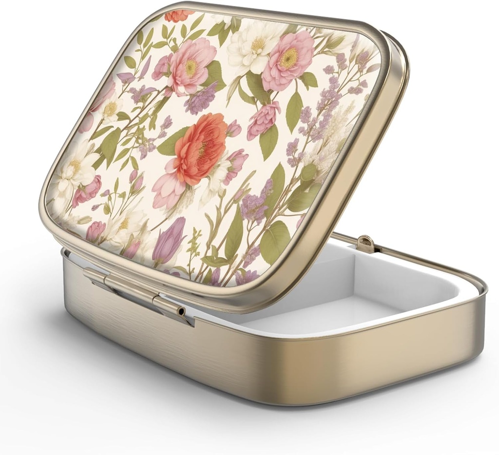 Pilulă cutie de pastile cu oglindă retro 2 Compartiment Pilulă mică caz pentru Purse sau buzunar Bronz cutie de pastile dreptunghiulare sau vitamine, ulei de pește, Suplimente, Pilula Contine cadouri de călătorie(Retro Red Flori)