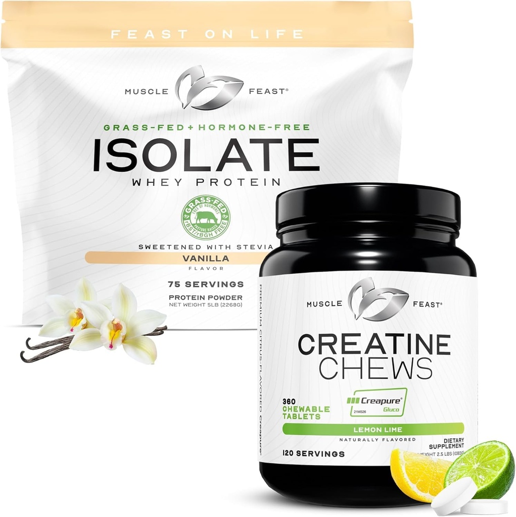 Izolat muschi Feast + Creatine Candy Bundle: 1 Whey Izolat de proteine (Vanilla, 5lb) + 1 Creatine Candy (Lămâie, 360) 