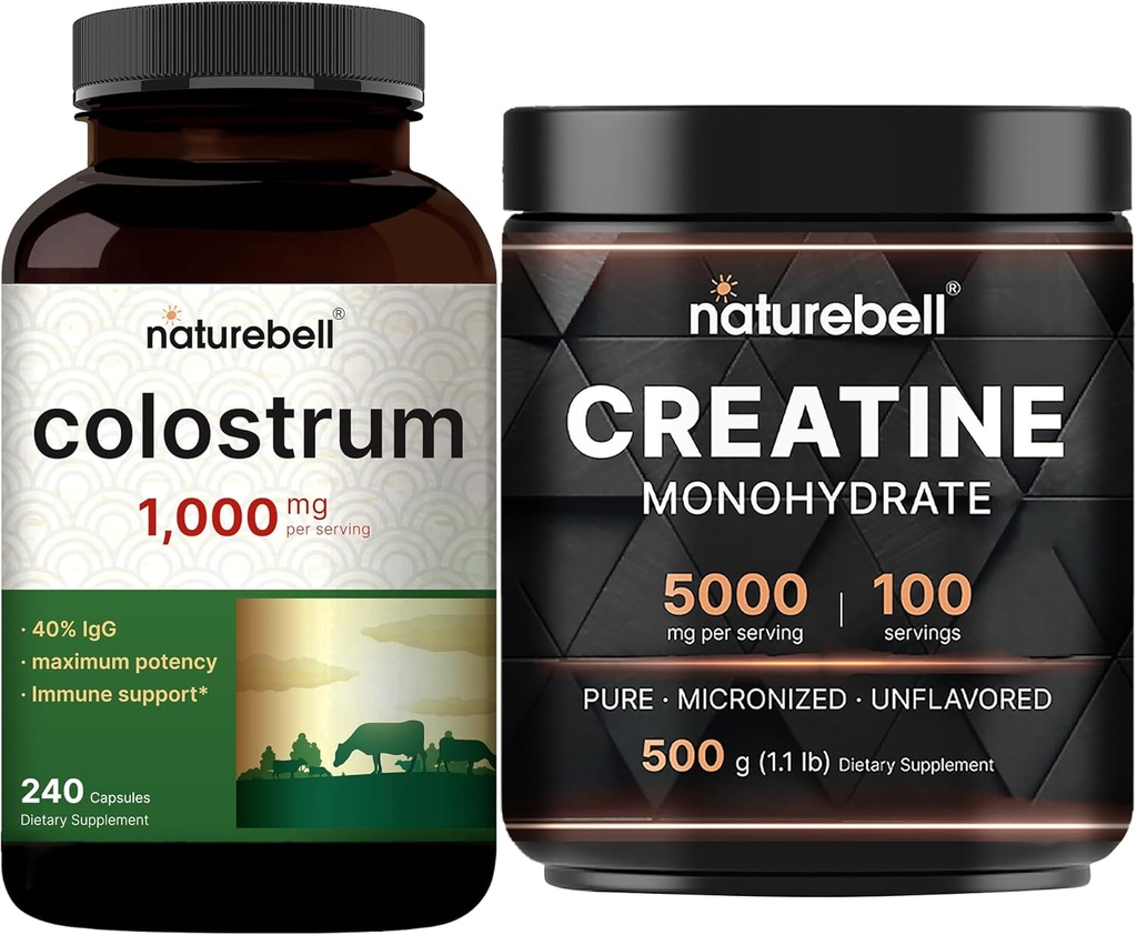 NatureBell Creatina Monohidrat pulbere & Colostru 240 Capsule 1000 mg per servire Bundle Pack 
