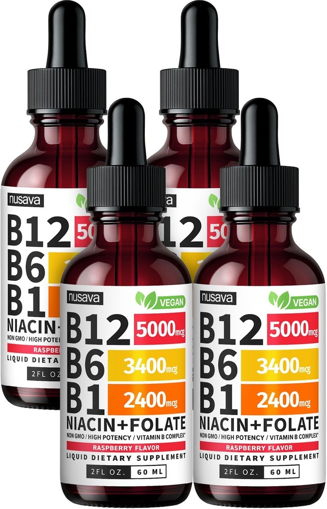 (4 Pack) Vitamina B12 și B6 Picături lichide, B12 Complex de vitamina B sublingual - B 12 Vitamina 5000mcg - B12 Metilcobalamină pentru energie, creier, și suport cardiac cu 27,200 mcg, zmeură, 80 Serviri