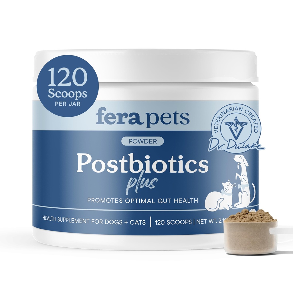 Fera Animale de companie Postbiotice Plus Prebiotice pentru câini și pisici - cu Elm Slippery - Promovează Optimal Digestive Health & Inflammatory Response - Îmbunătățește imunitatea - 120 Scoops
