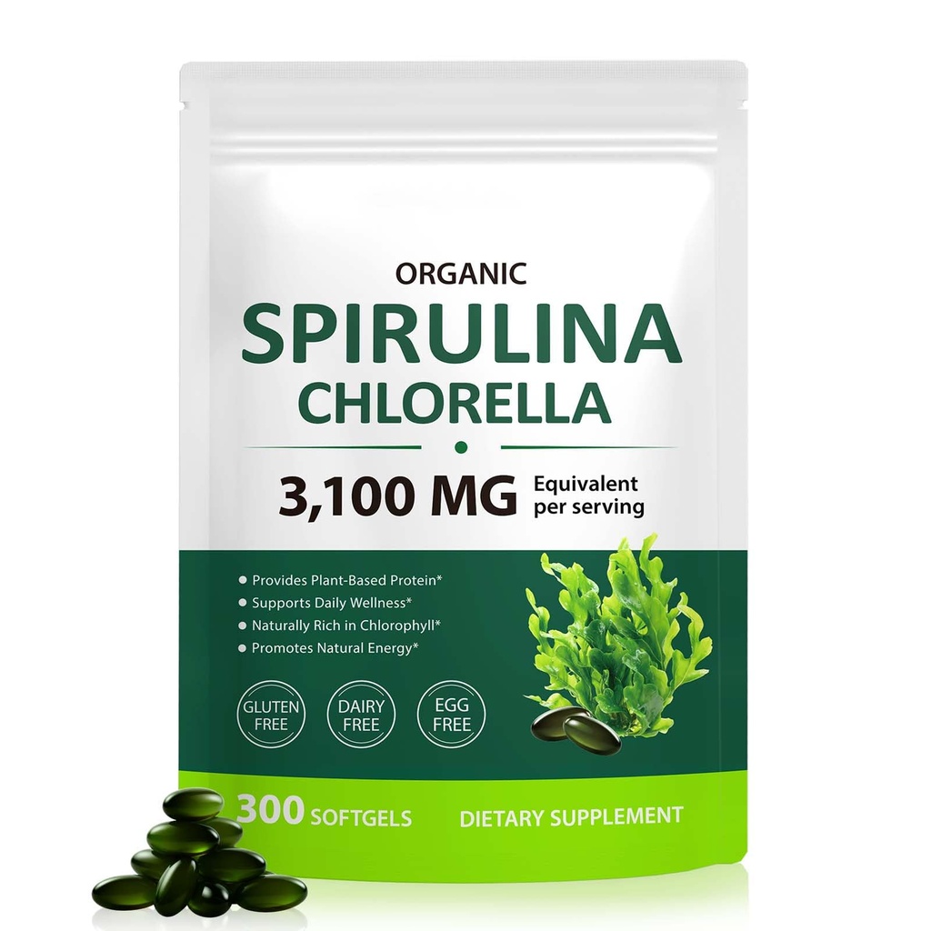 Tiuedu Spirulina Chlorella Softgels 300 Capsule, 17 în 1 Green Nutrient Blend Spirulina Chlorella Softgels,Rich in Plant Proteine, Vitamine, Clorofill, Easy to Take Softgel