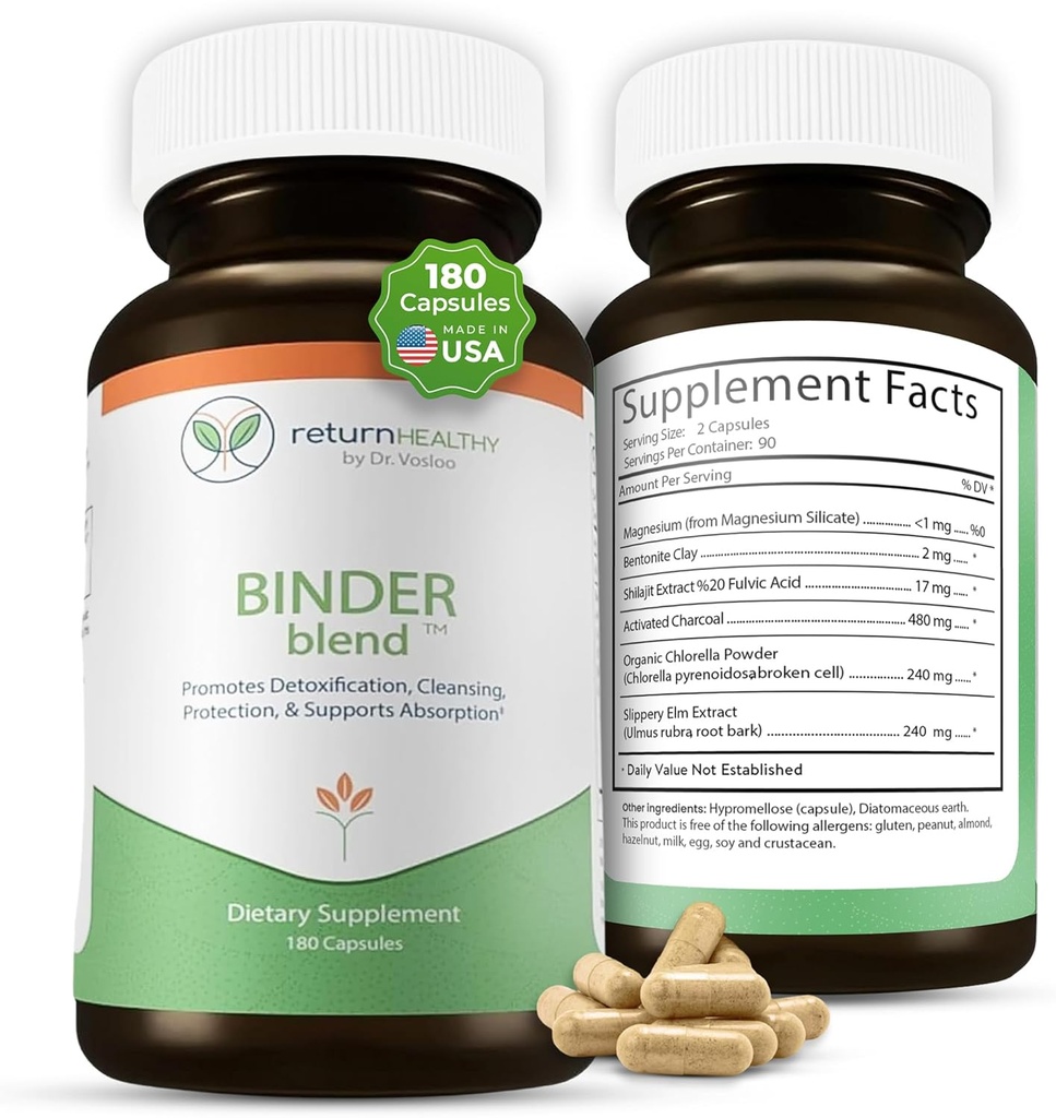 Binder Blend - Toxin Binder Supliment, Detoxifiere Capsule pentru un Gut Sanatos - 180 Capsule - 90 Serviri - 960 mg Charcoal activat & 480 mg Organic Chlorella - Bloating Relief - Bentonita Clay