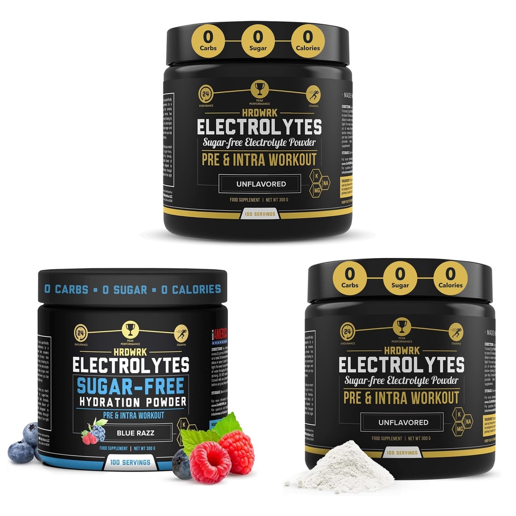 HRDWRK - 100 Servings Keto Electrolytes pulbere hidratare Zahăr gratuit - Electrolit pulbere pentru a stimula rezistenta si reduce oboseala cu Electroliti Supliment (Set neflavorat de 2 & Blue Razz)