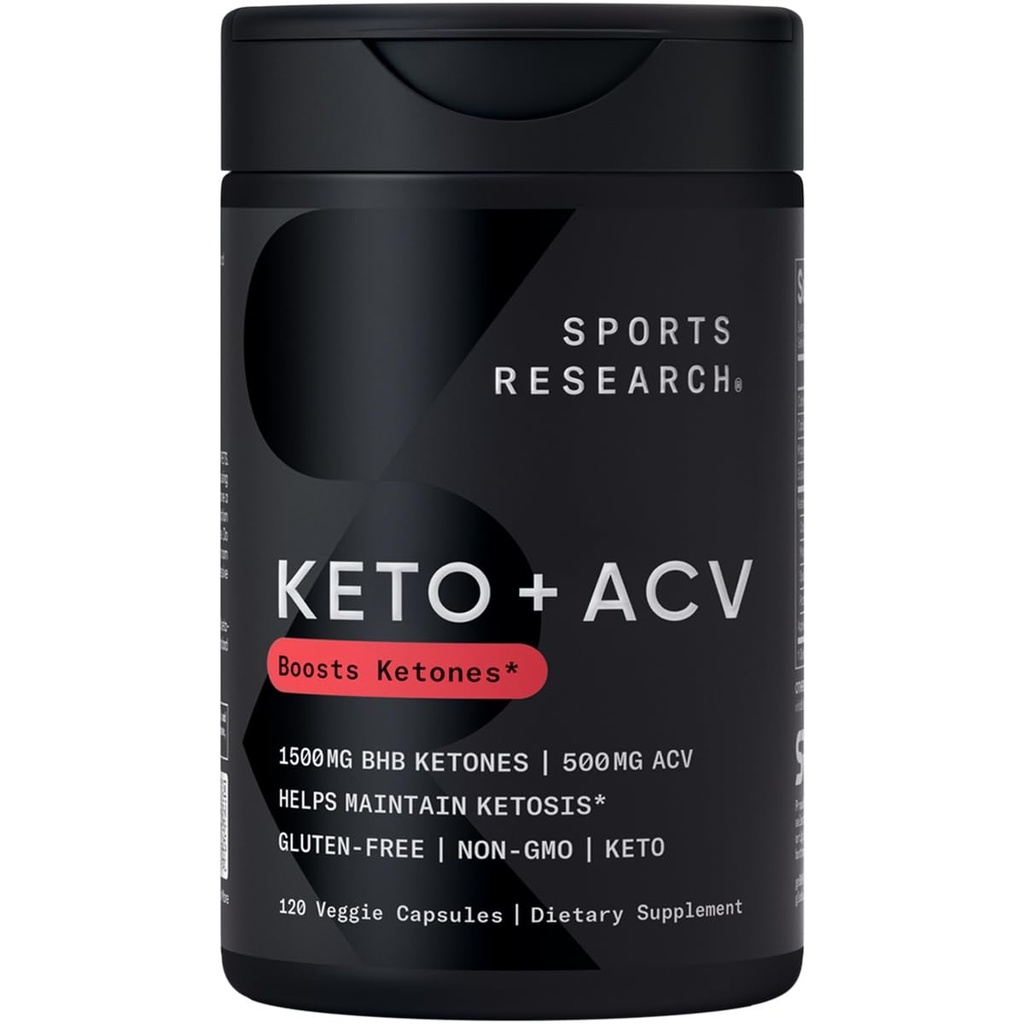 Sports Research® Keto Plus Capsule ACV - Sprijin alimentar cu 500mg de cidru de mere Oţet & 1500mg goBHB® Cetone Exogene - Gluten Free & Keto Certified - 120 Capsule vegetale