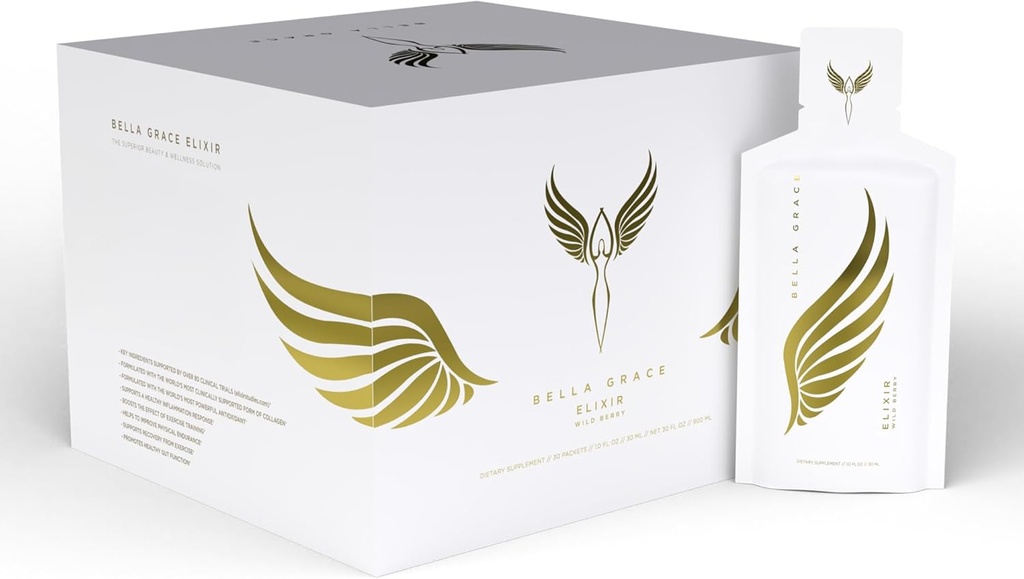 Bella Grace Elixir Collagen Peptides Supliment pentru îngrijirea pielii & Sănătate cu Verisol Collagen, AstaReal Astaxanthin, și Pisica Claw, sprijină Colagen Regenerare, Antioxidant de protecție, 30 Serviri
