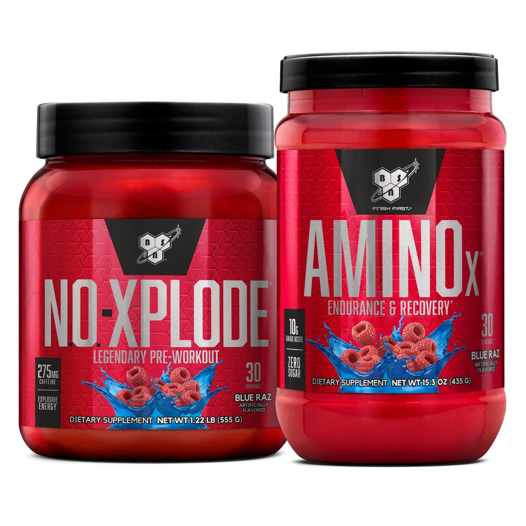 BSN Antrenament Bundle de nici XPLODE Pre Workout pulbere albastru Raz, 30 Serviri AININO X Recovery musculare Intra suport antrenament, Cafeina gratuit albastru Raz, 30 Serviri
