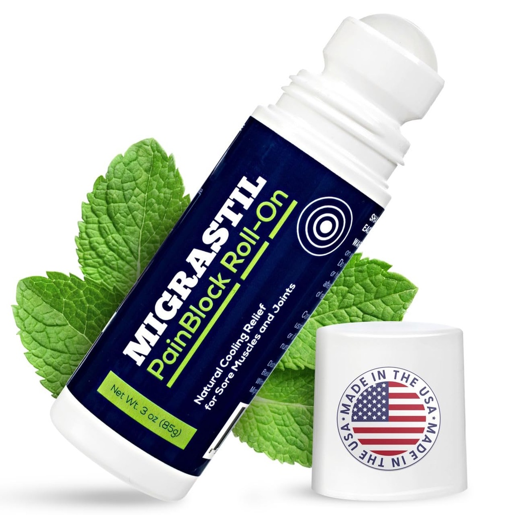 Basic Vigor Migrastil PainBlock Roll-On, 3 oz - Topical Roll-On pentru dureri musculare, cramps, Joint & Nervi Discomfort. Funcționează foarte bine pe Umeri, Gât, Picioare, Genunchi, Picioare, Înapoi, Coate, Hips, Etc.