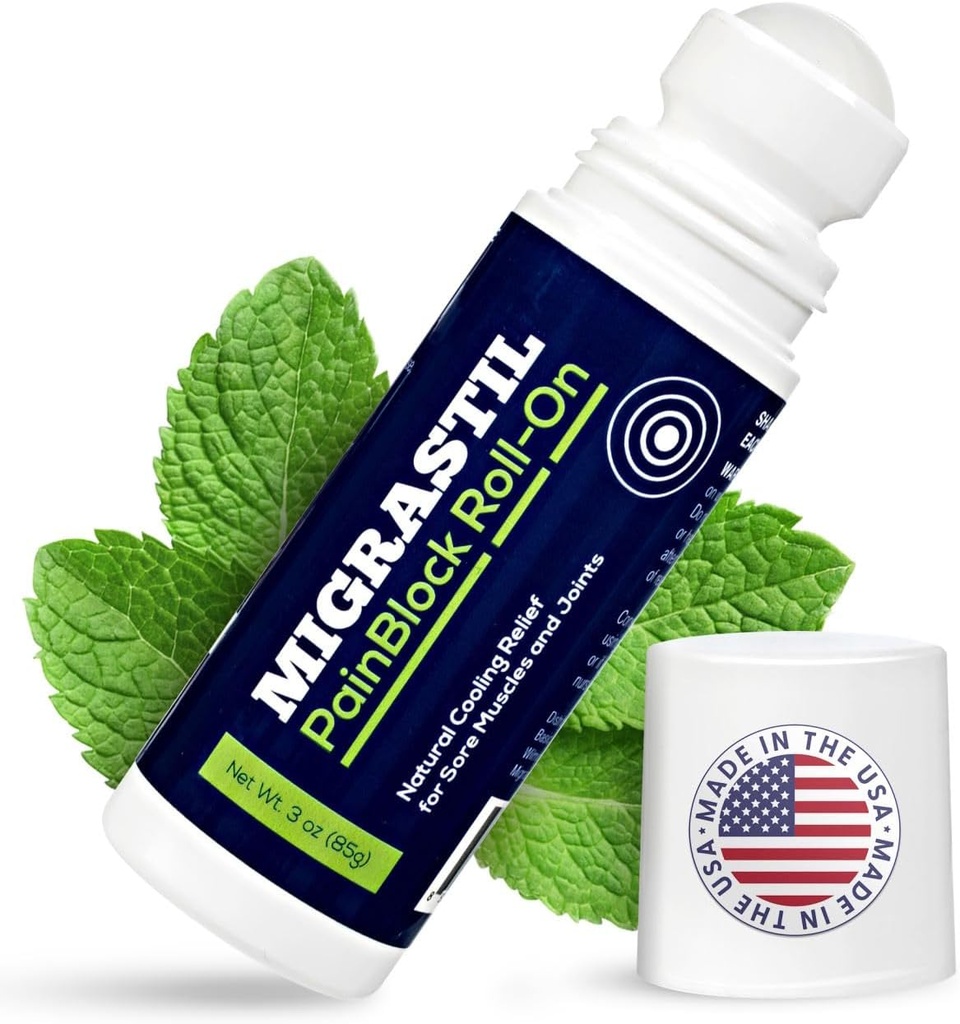 Basic Vigor Migrastil PainBlock Roll-On, 3 oz - Topical Roll-On pentru dureri musculare, cramps, Joint & Nervi Discomfort. Funcționează foarte bine pe Umeri, Gât, Picioare, Genunchi, Picioare, Înapoi, Coate, Hips, Etc.