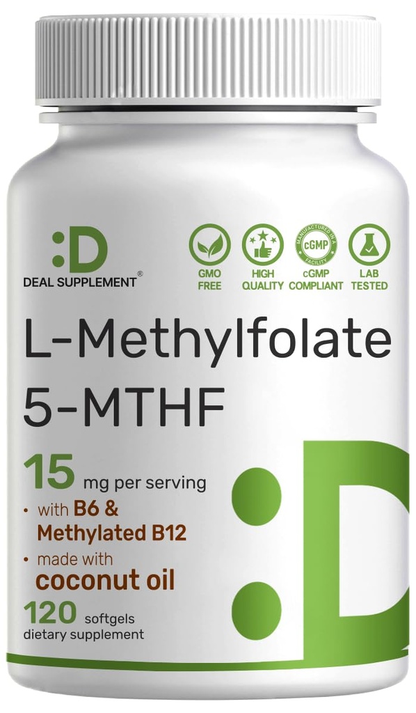L-metilfolat 15 mg per servire, 120 Softgels ulei de nucă de cocos 3 in-1 cu vitamina activ 5-MTHF metilat B9, B6 și metilat B12 