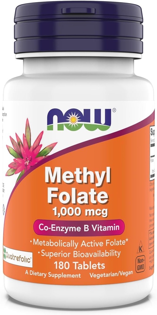 Now Supplements Methyl Folate 1,000 mcg, Metabolically Active Folate, Co-Enzyme B Vitamin, 180 Tablets