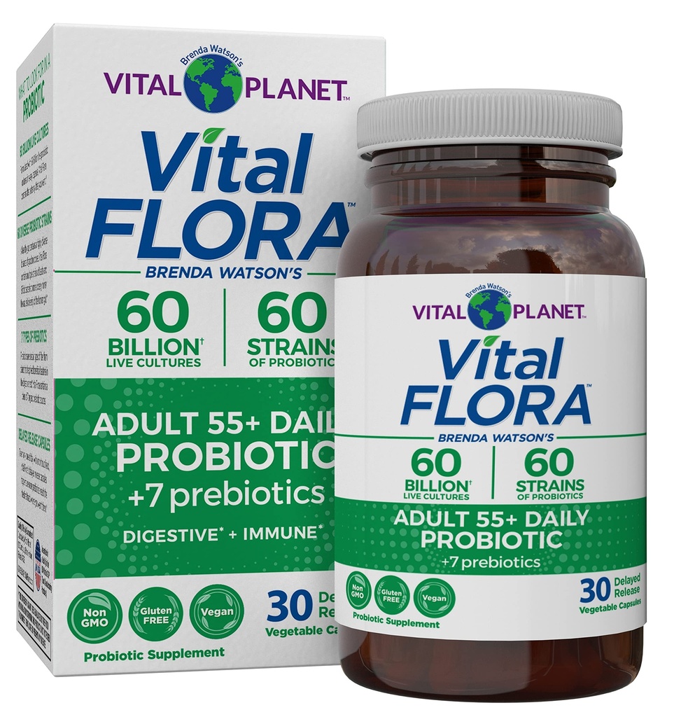 Planeta Vital - Vital Flora Adulți Peste 50 Probiotic de zi cu zi 60 Miliarde CFU, 60 Tulpini diferite, 7 Prebiotice organice, Suport Imun, Gaz, Probiotice Digestive de sănătate pentru femei și bărbați, 30 Capsule